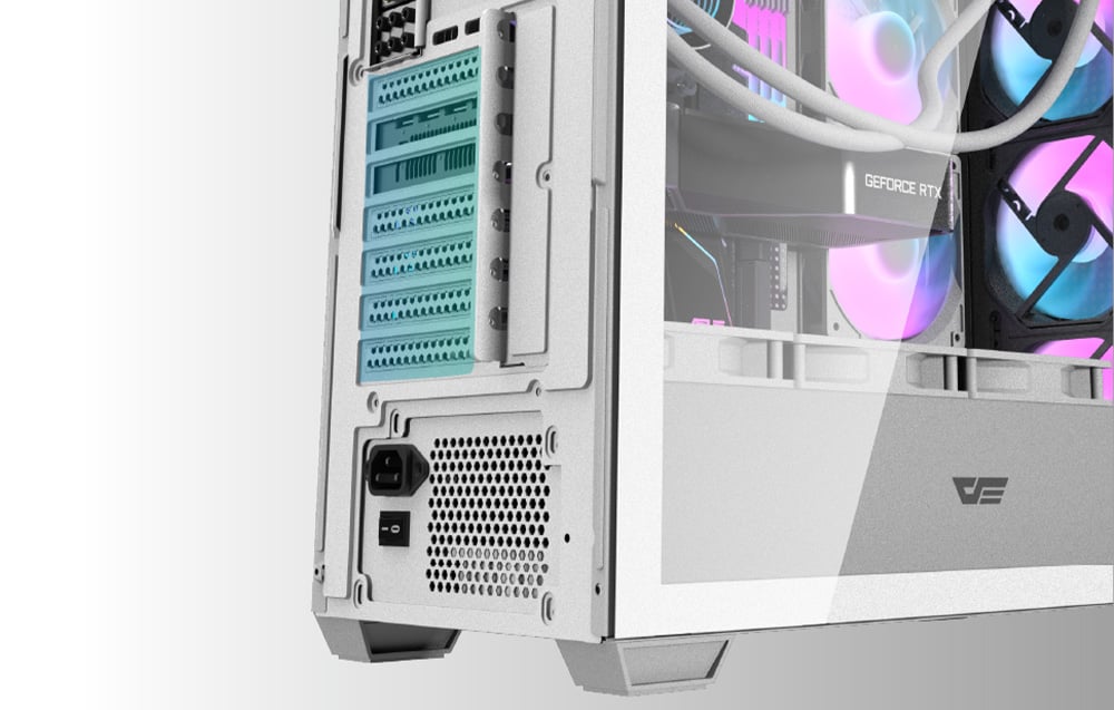 Close-up of the rear panel of the Darkflash DS900 Mesh computer case.