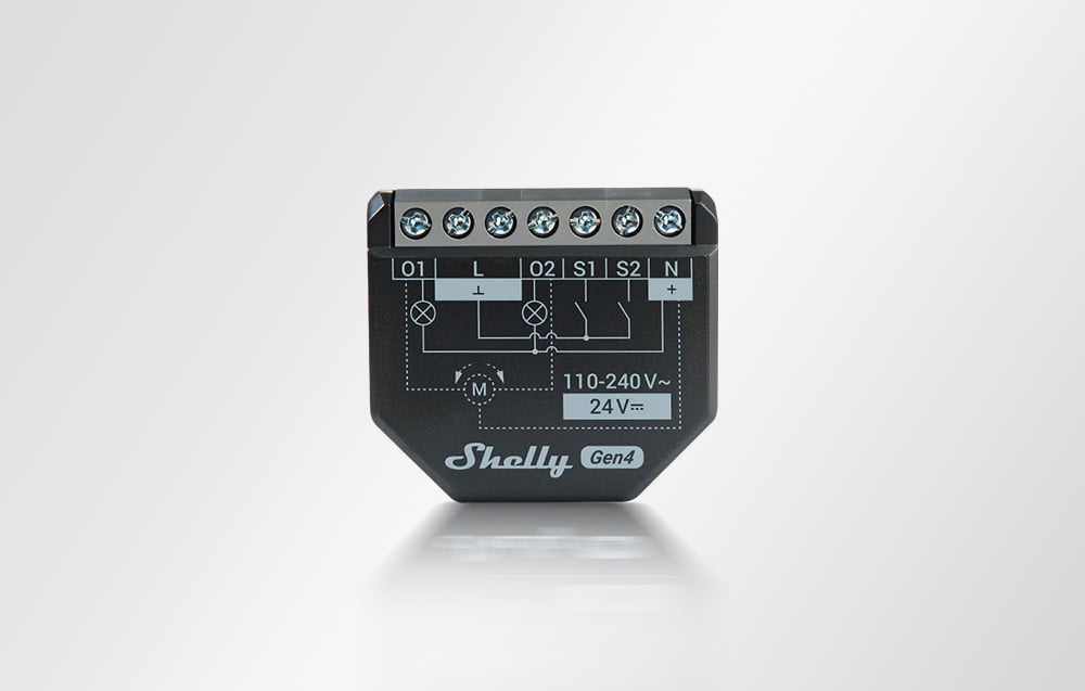 Shelly Gen4 relay module with 7 terminals and wiring diagram, 110-240V and 24V DC support