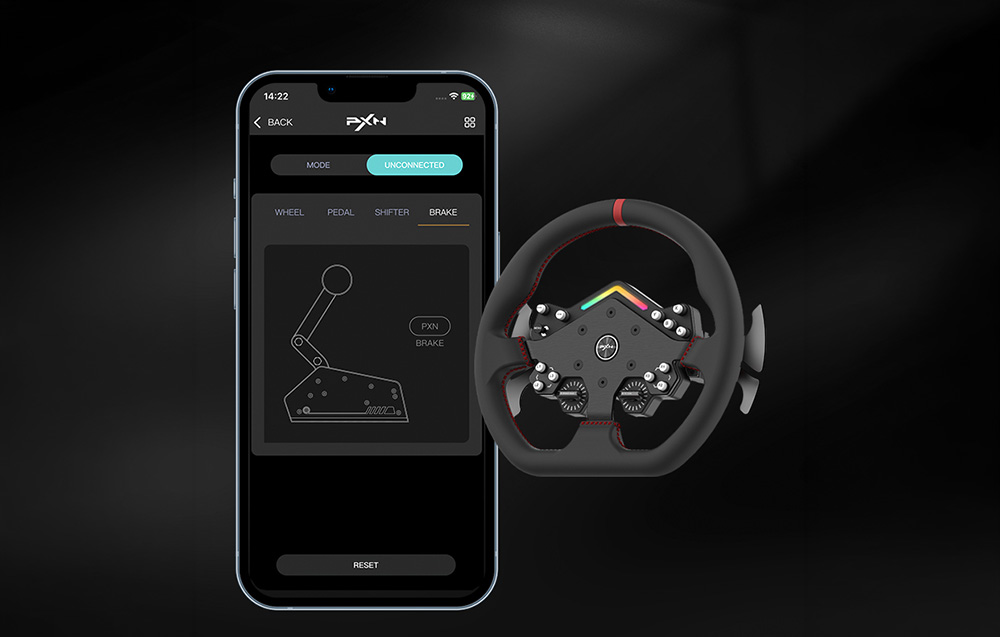 Smartphone with the PXN app for brake configuration next to a sports racing steering wheel with colored backlighting