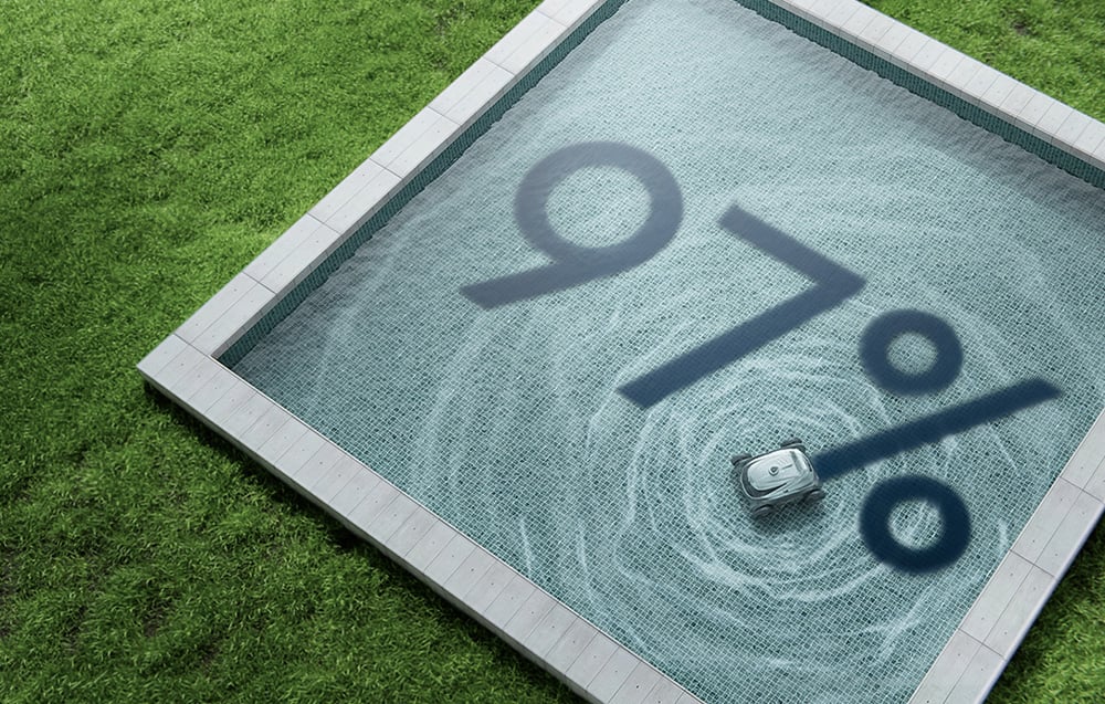 The pool robot moves along the bottom of a small pool, casting a distinctive shadow; the inscription “97%” is visible