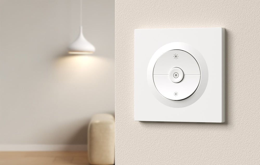 Wall-mounted light switch, ceiling lamp lit in the distance