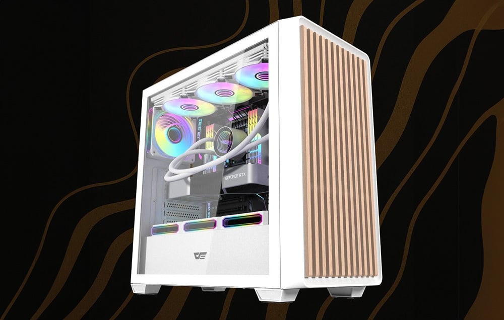 White computer case with front panel with wood elements and transparent side panel on a dark background.