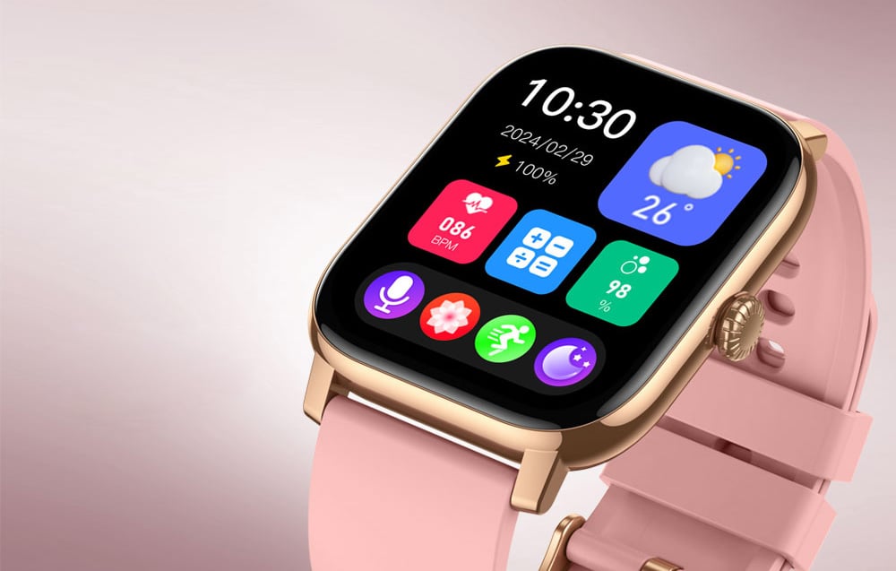 Close-up of the rose gold smartwatch showing the main menu and app icons