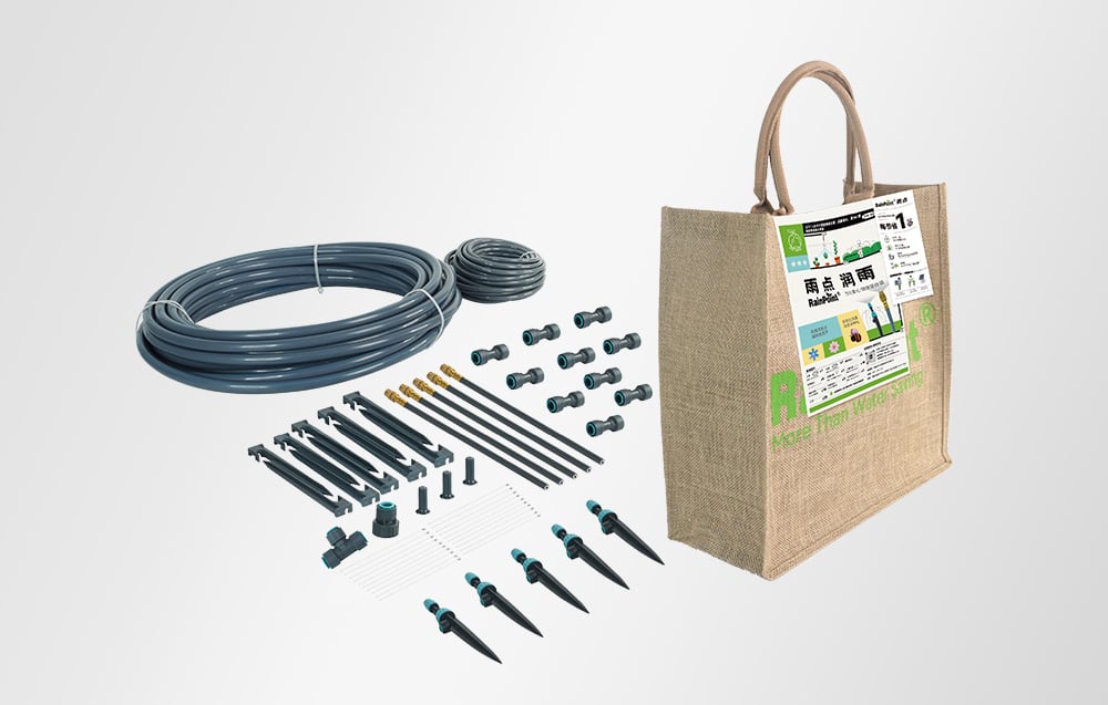 RainPoint irrigation kit with hoses, connectors, and stakes next to a beige jute bag with a label