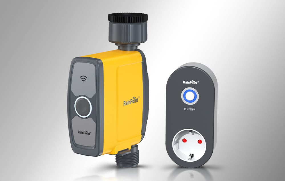 The RainPoint irrigation controller standing next to the Wi-Fi gateway on a gray background.