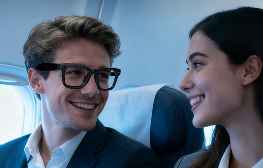 A smiling man wearing glasses sits on an airplane and talks to a woman sitting next to him