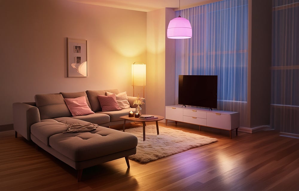 The interior of a modern living room with a gray corner sofa and a TV cabinet, illuminated by a floor lamp and a purple pendant lamp.