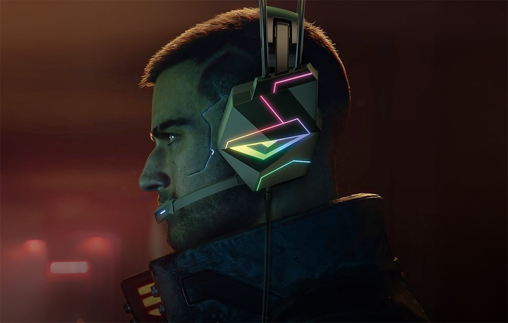 A game character standing in profile to the camera, wearing gaming headphones