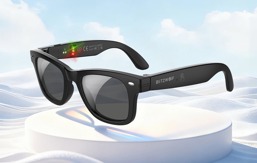 Blitzwolf sunglasses on a white platform against a sky background