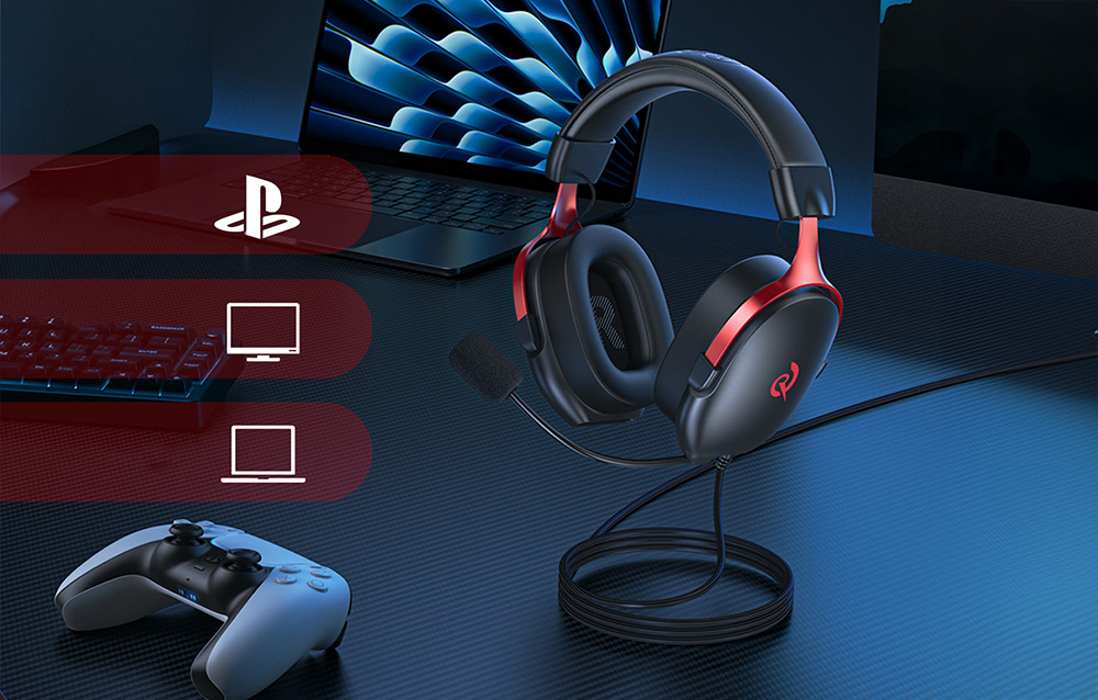 Headphones with a microphone on a desk, with icons indicating compatibility with PlayStation, a desktop computer, and a laptop.