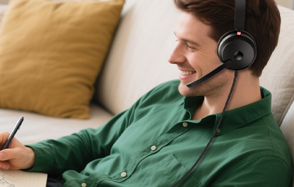 Smiling man lies on couch writing in notebook, wears Onikuma headphones