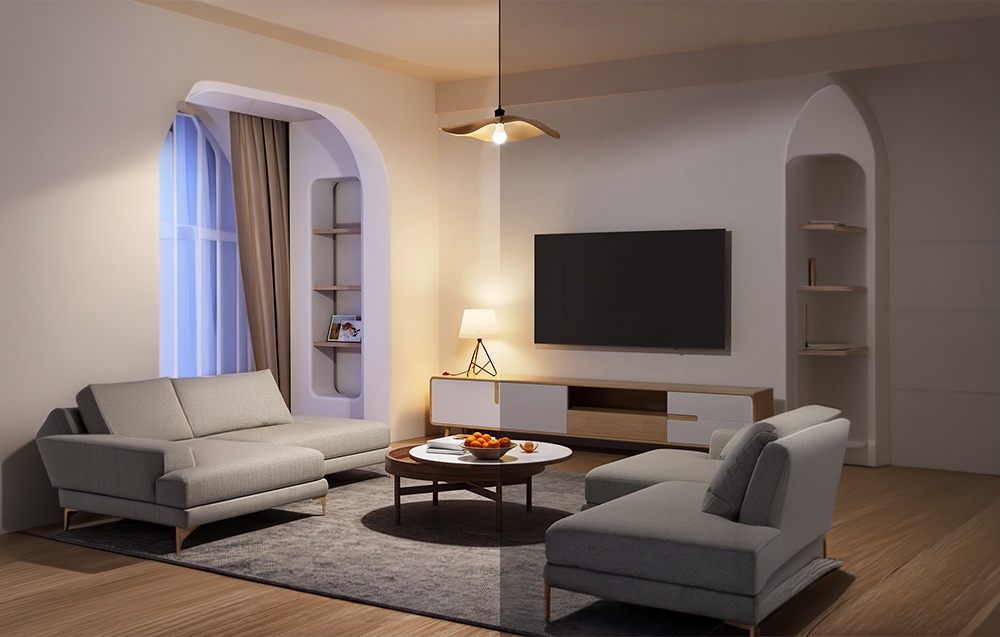 A living room with a gray sofa and a TV, illuminated by a centrally suspended warm white LED bulb.