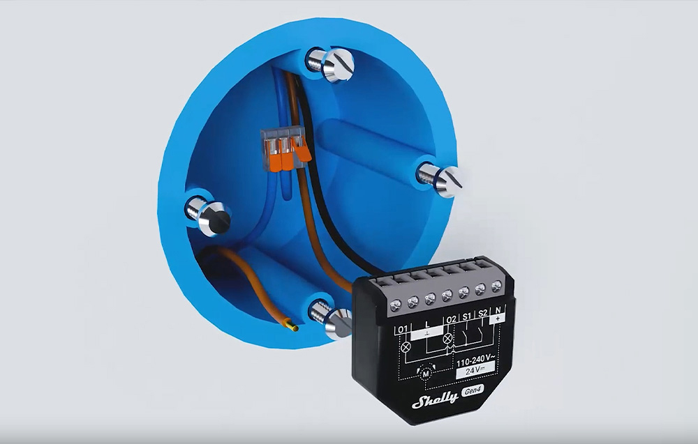 Mounting cross-section of Shelly Gen4 module in blue box with orange wires and connectors visible