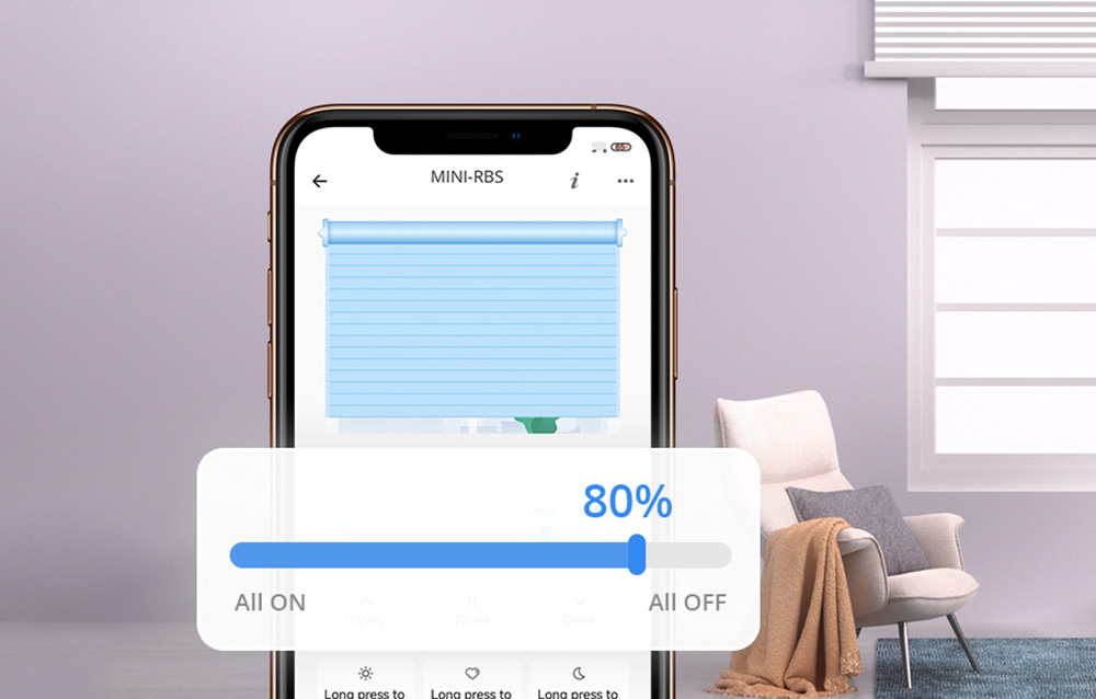 Smartphone showing blind control app with slider set to eighty percent