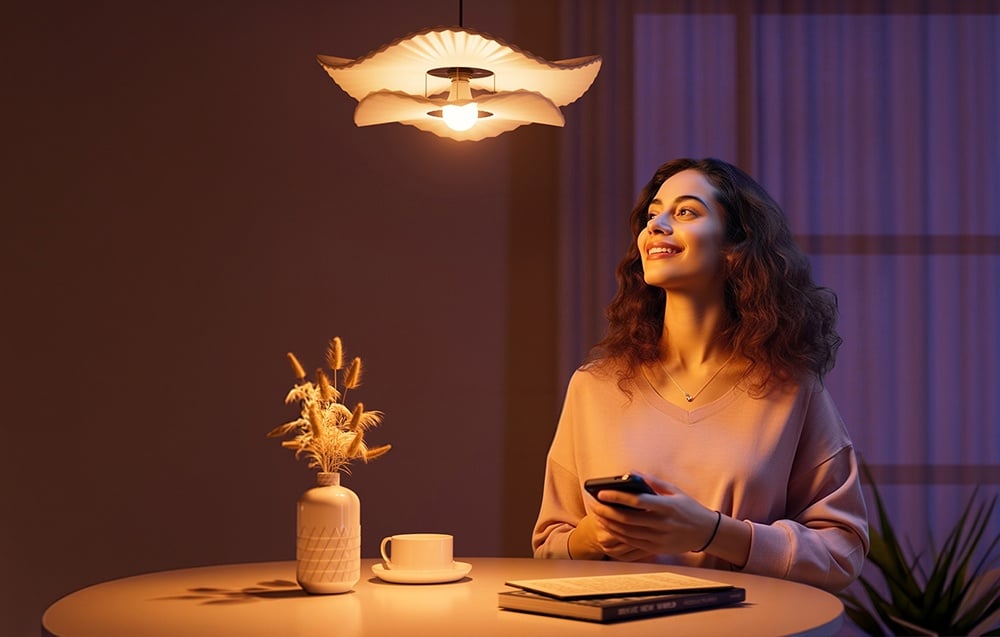A smiling woman sits at a table with her phone, looking at a lit LED bulb in a decorative ceiling lamp.
