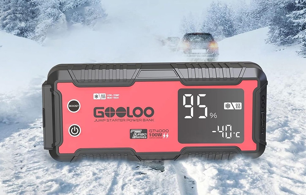 Car starter on snow with a visible temperature of -40°C on the display