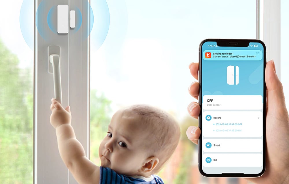 An infant trying to open a window, and the sensor mounted on it sends a notification to a smartphone