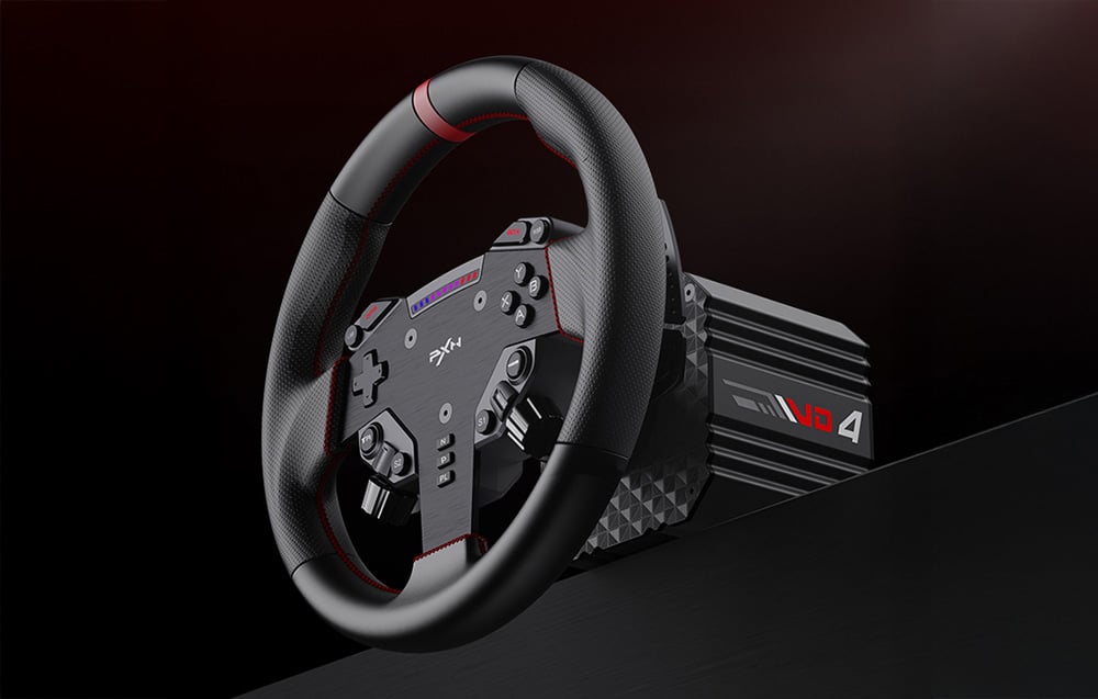 PXN gaming steering wheel with VD4 base on a black table