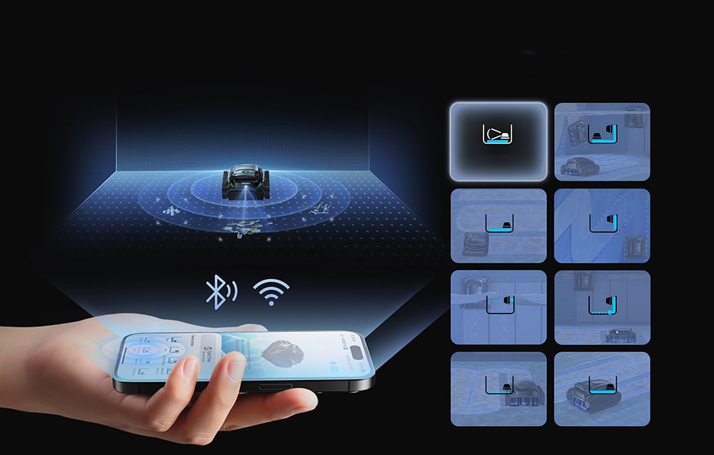 Smartphone controlling the Wybot M2 robot via Bluetooth with operating mode icons