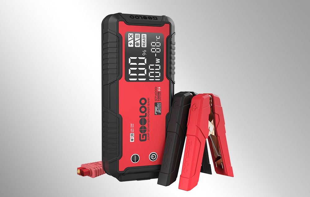 Car starter with red and black clamps connected on a white background