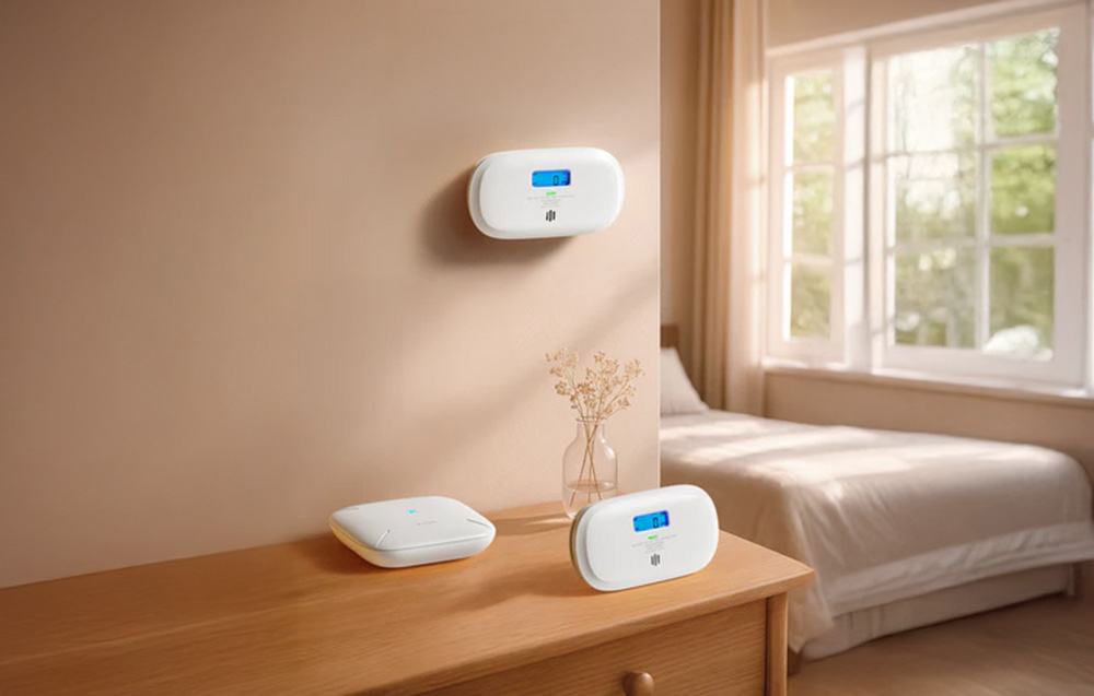 Bedroom with X-Sense carbon monoxide detectors mounted on the wall and set on the bedside table next to the bed