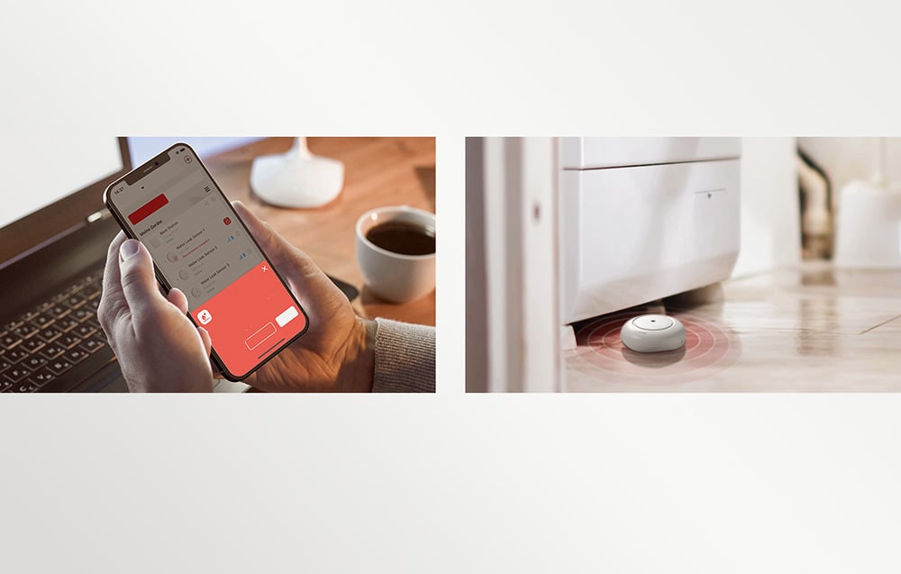 On the left, a hand holding a smartphone with the alarm app; on the right, a white flood sensor under a kitchen cabinet