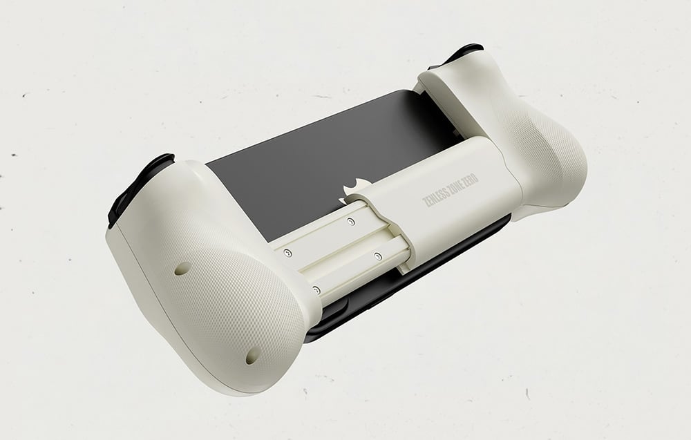 Back of the sliding smartphone controller with an adjustable mounting mechanism and textured grips
