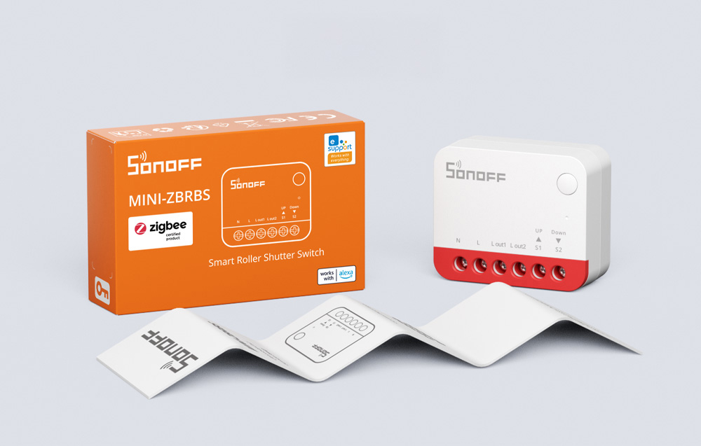 SONOFF MINI-ZBRBS product box, white control module with red sockets and information cards