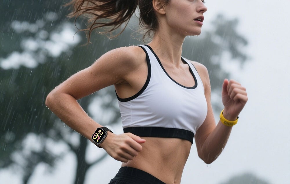 A woman runs in the rain with a smartwatch on her wrist.