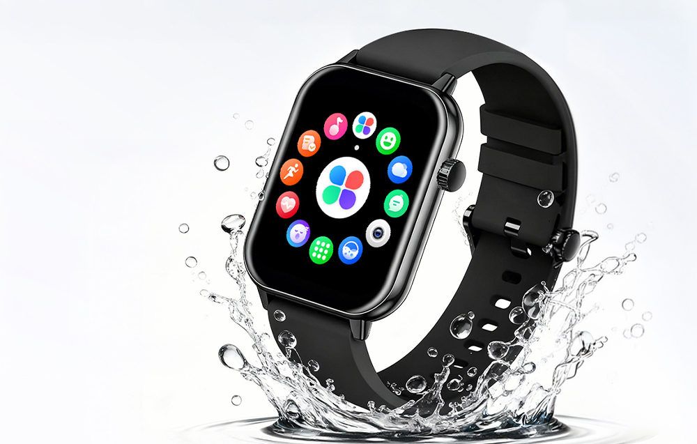 A black Colmi smartwatch in water, surrounded by dynamic water splashes