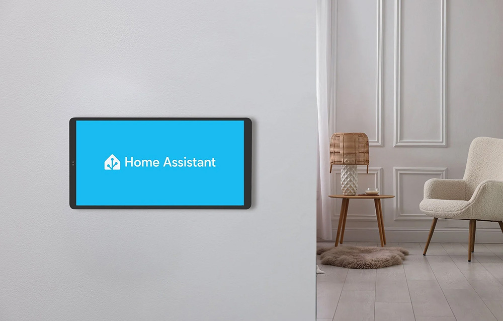 The silver Shelly X2i display showing the blue Home Assistant welcome screen.