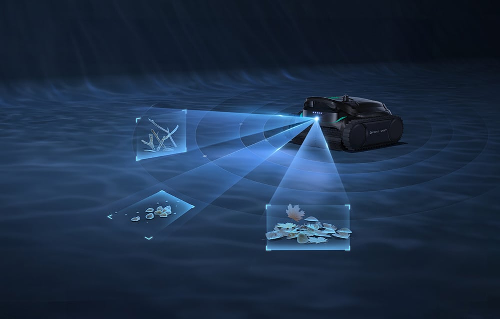 Wybot M2 robot with graphics showing debris recognition at the bottom of the pool