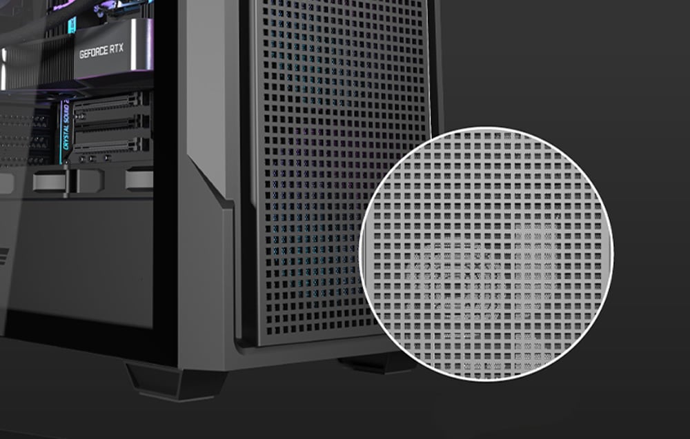 Close-up of the side panel of the Darkflash DS900 Mesh computer case.