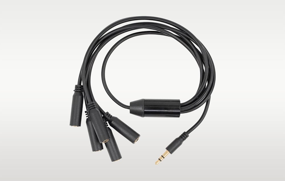 Black coiled 1-to-5 splitter, 3.5 mm jack, Shelly