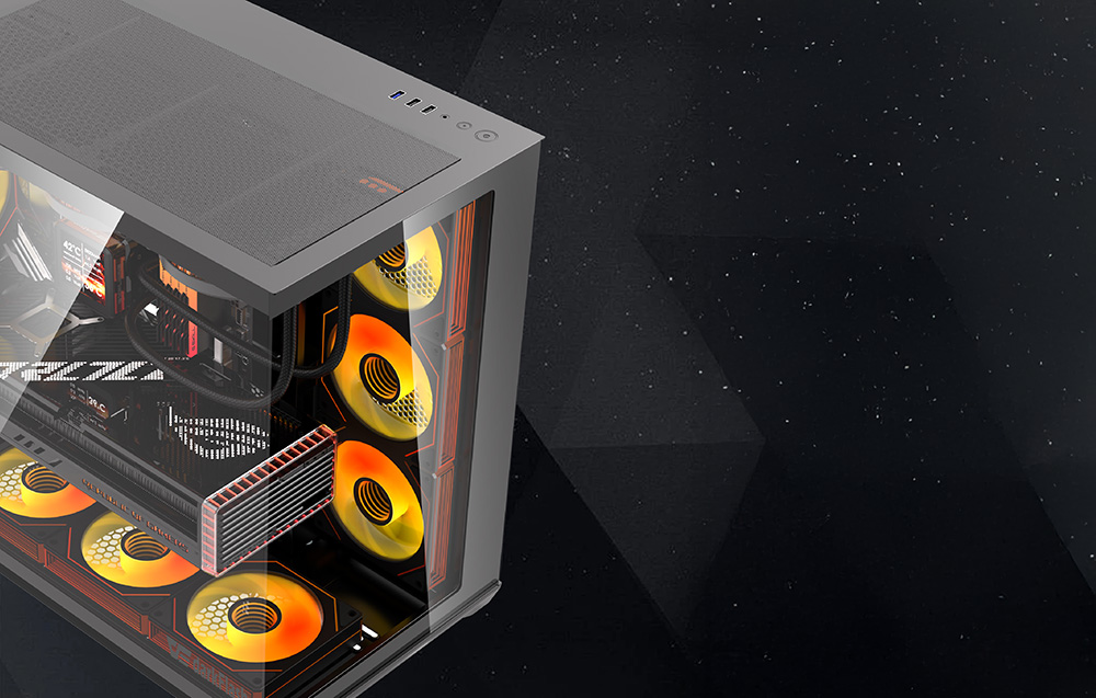 Top corner of the case with orange RGB fans, ports, and buttons on a dark background