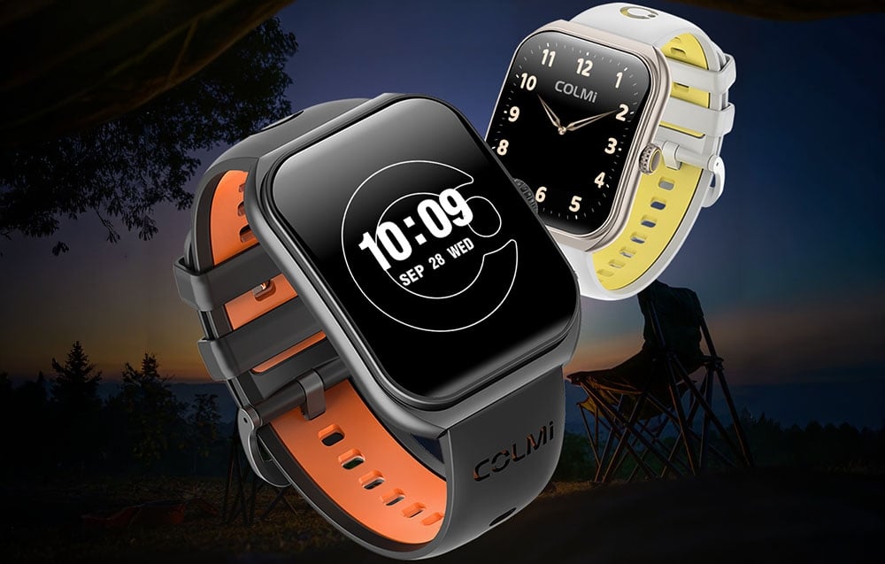 2 Colmi smartwatches on dark background.