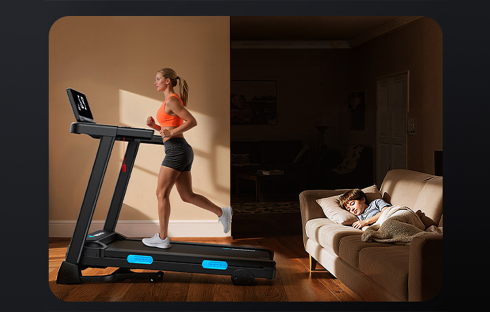 Woman running on Merach treadmill in the evening while her child sleeps on the sofa