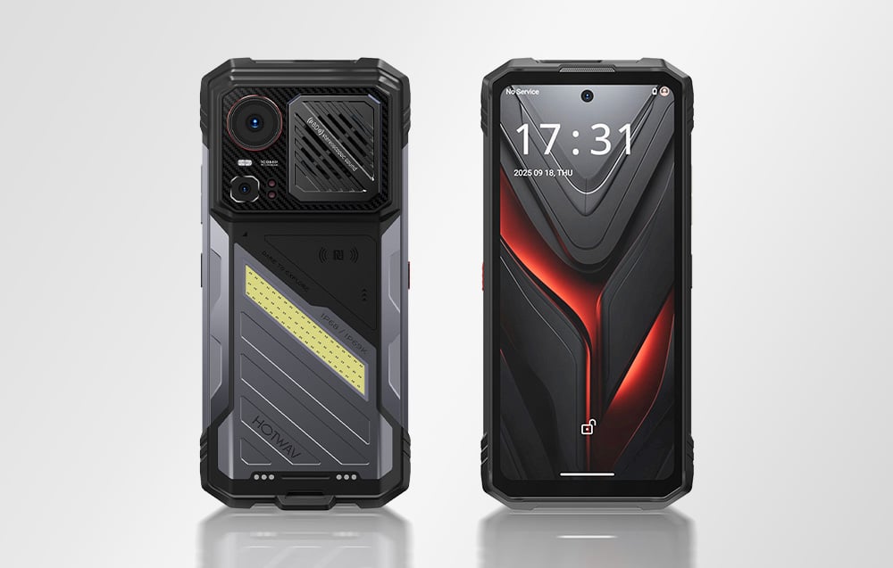 Front and back views of the HOTWAV smartphone side by side, showing the rugged casing and system interface.