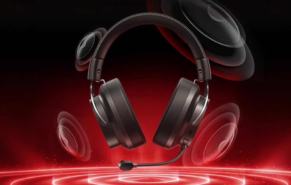 Front view of black gaming headphones surrounded by sound wave visuals
