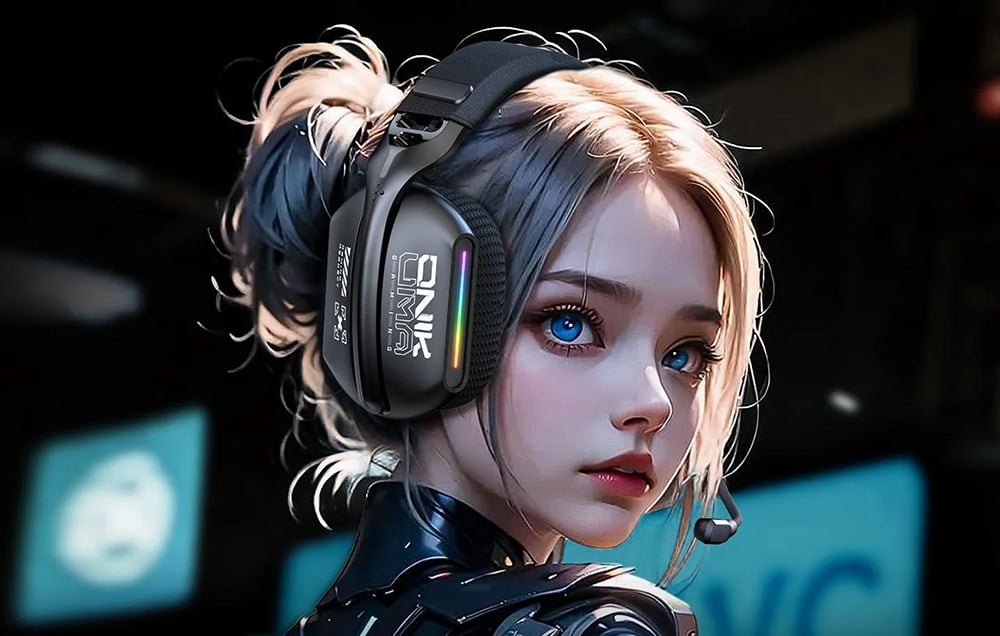 Cartoon woman with bundled hair wearing Onikuma headphones
