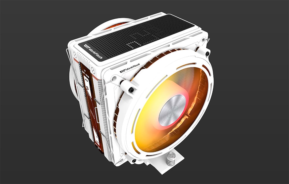 Darkflash active cooling with backlighting and LED display on black background