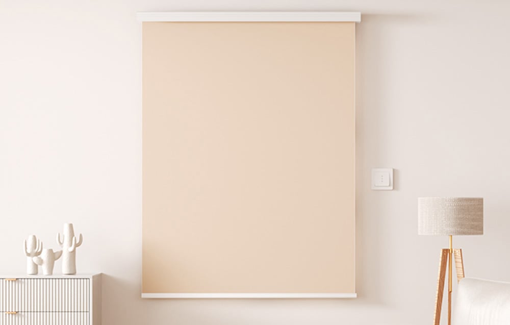 Beige window blind in living room with white wall, lamp on wooden base and decorative cacti