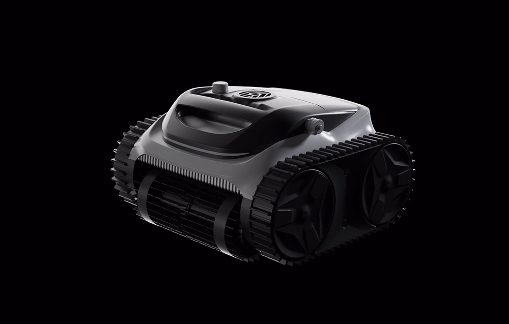 Pool cleaning robot against a black background