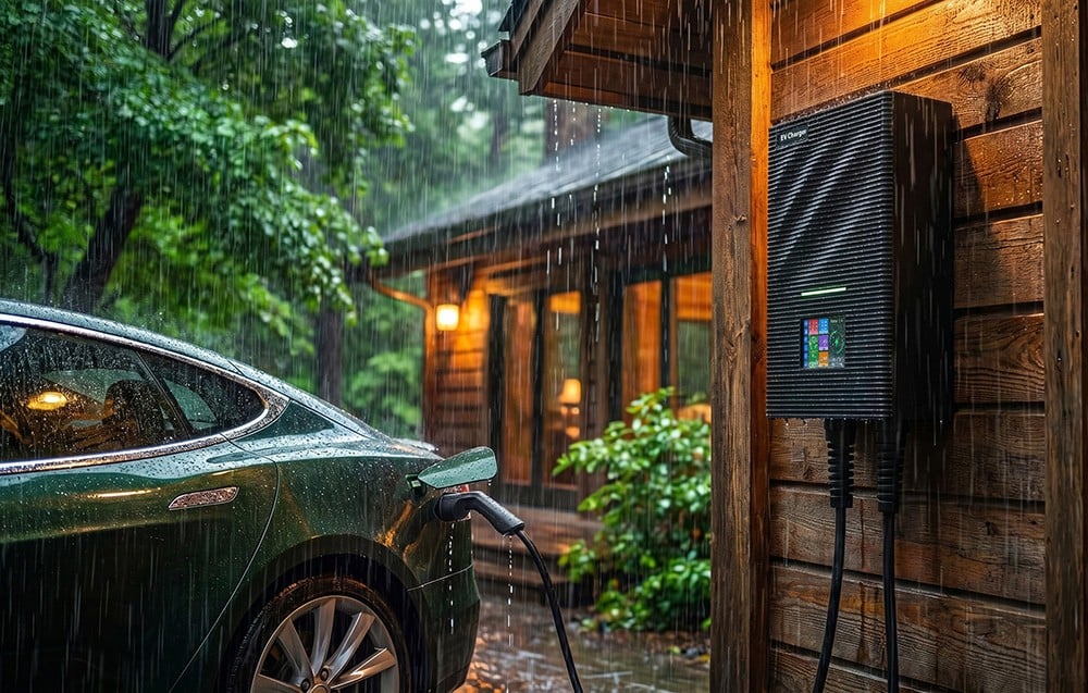 A green car connected to an EV charger in front of a house during a downpour
