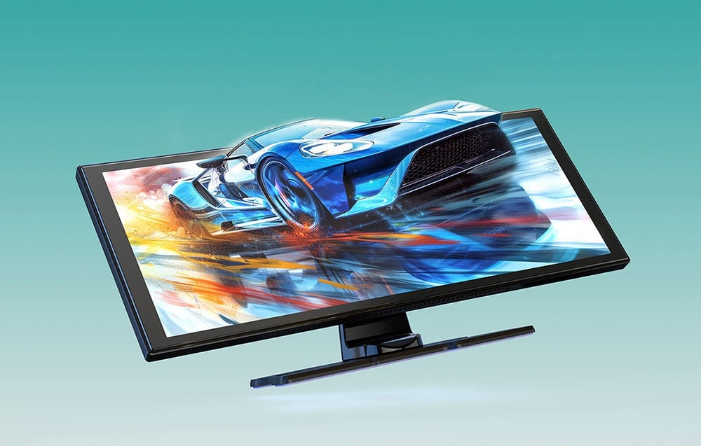 Widescreen display featuring a blue sports car graphic on a bright background