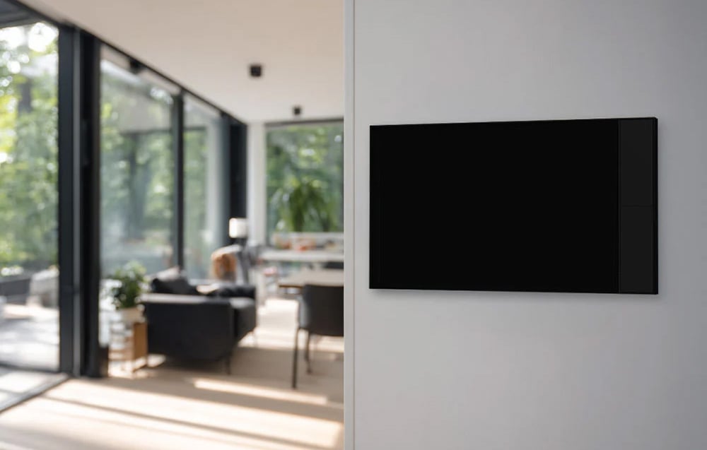 Black touch panel mounted on a gray wall in front of a bright living room overlooking the garden