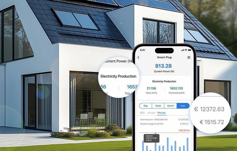 Modern house with photovoltaic panels on the roof and a smartphone showing data on energy production and consumption