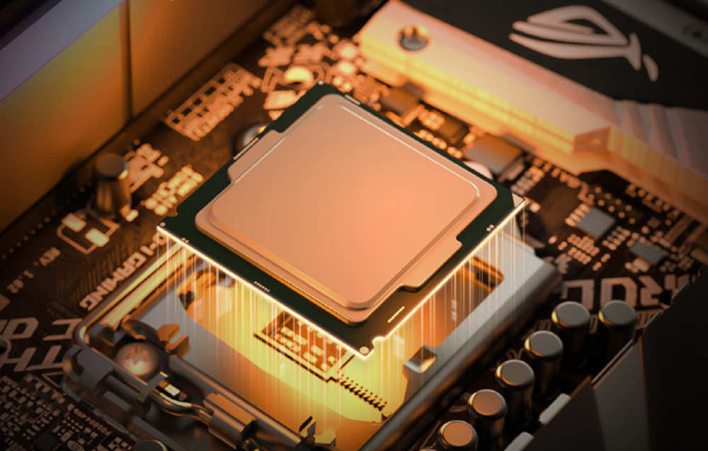 A computer CPU hovering above a socket on the motherboard with visible rays of light