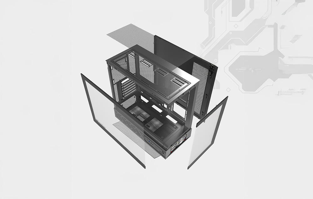 Disassembled computer case with visible side panels and interior