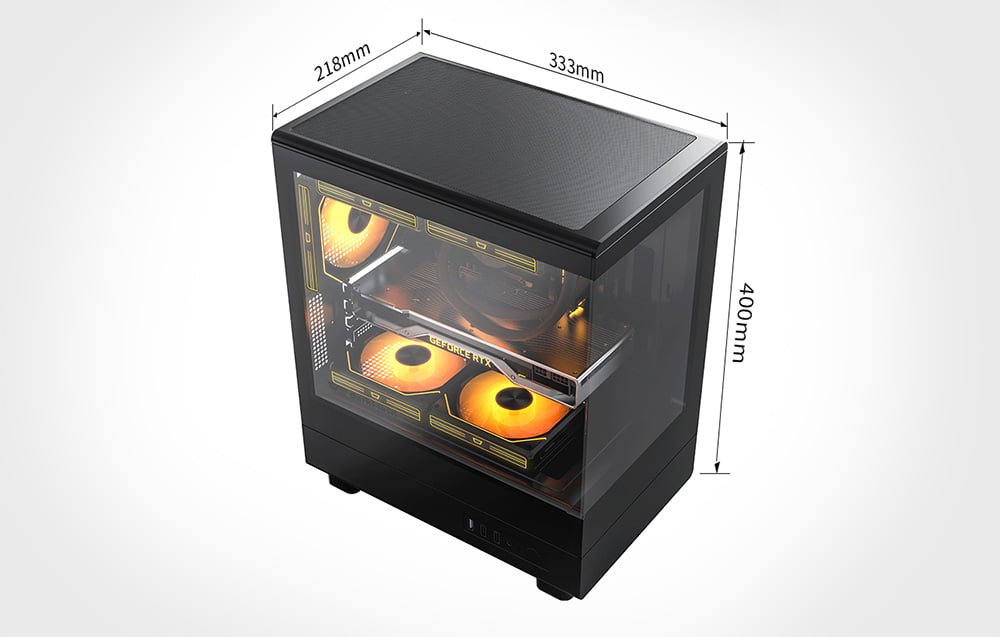 dimensions of a black computer case on a gray background